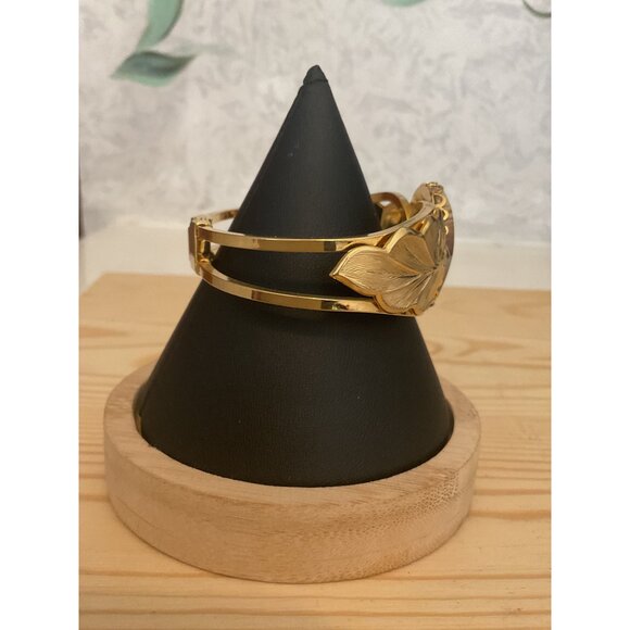 Gold-Tone Leaf & Faux Stone Inlay Hinged Bracelet With Secure Hinged Clasp - Picture 3 of 7